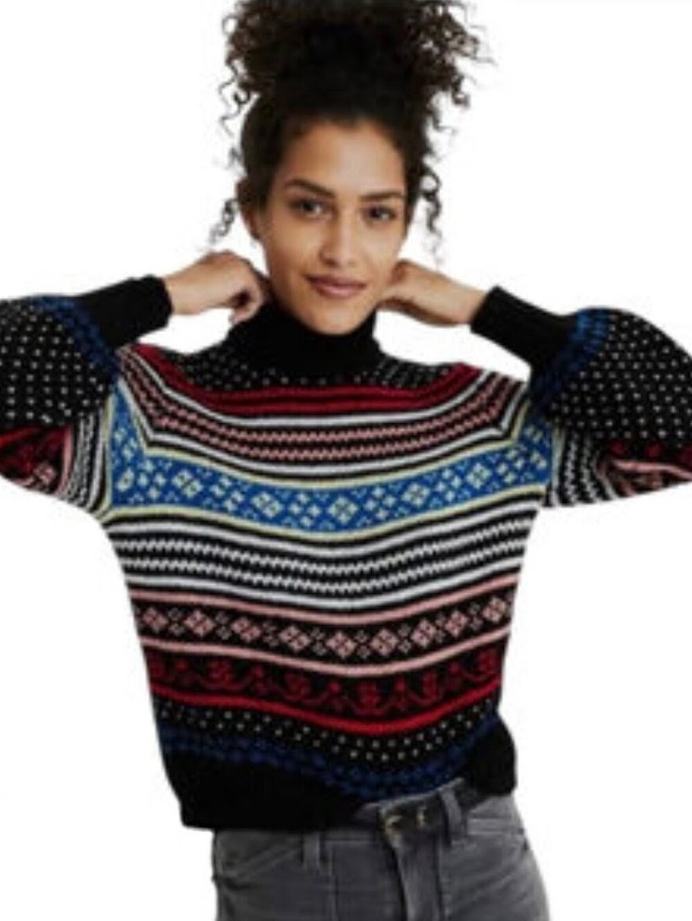 American Eagle Multicolor Nordic Fair Isle Mock Neck Cropped Sweater sz S
